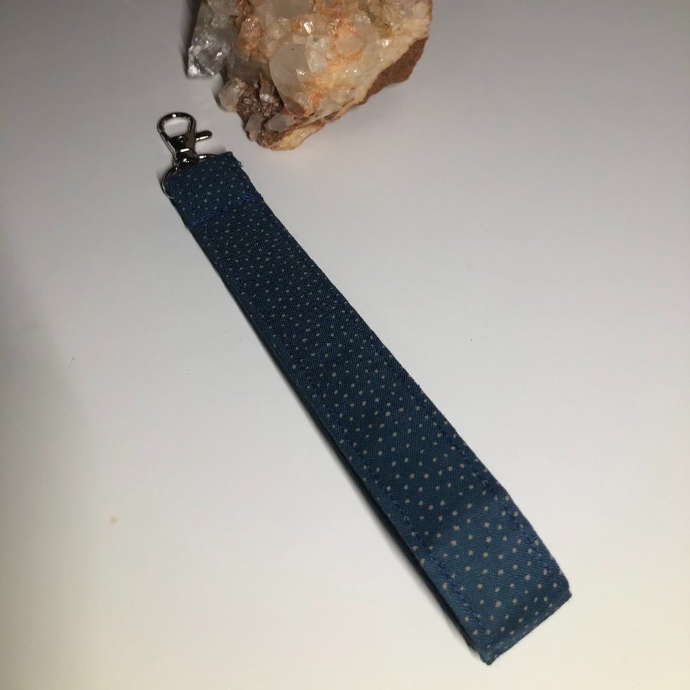 New Handmade Fabric Key Fob Wristlet | Keychain | Hand Dyed | Blue w/Beige